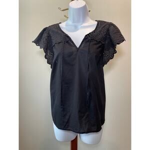 Nine West Size L Black Cotton Eyelet Flutter Sleeve Top